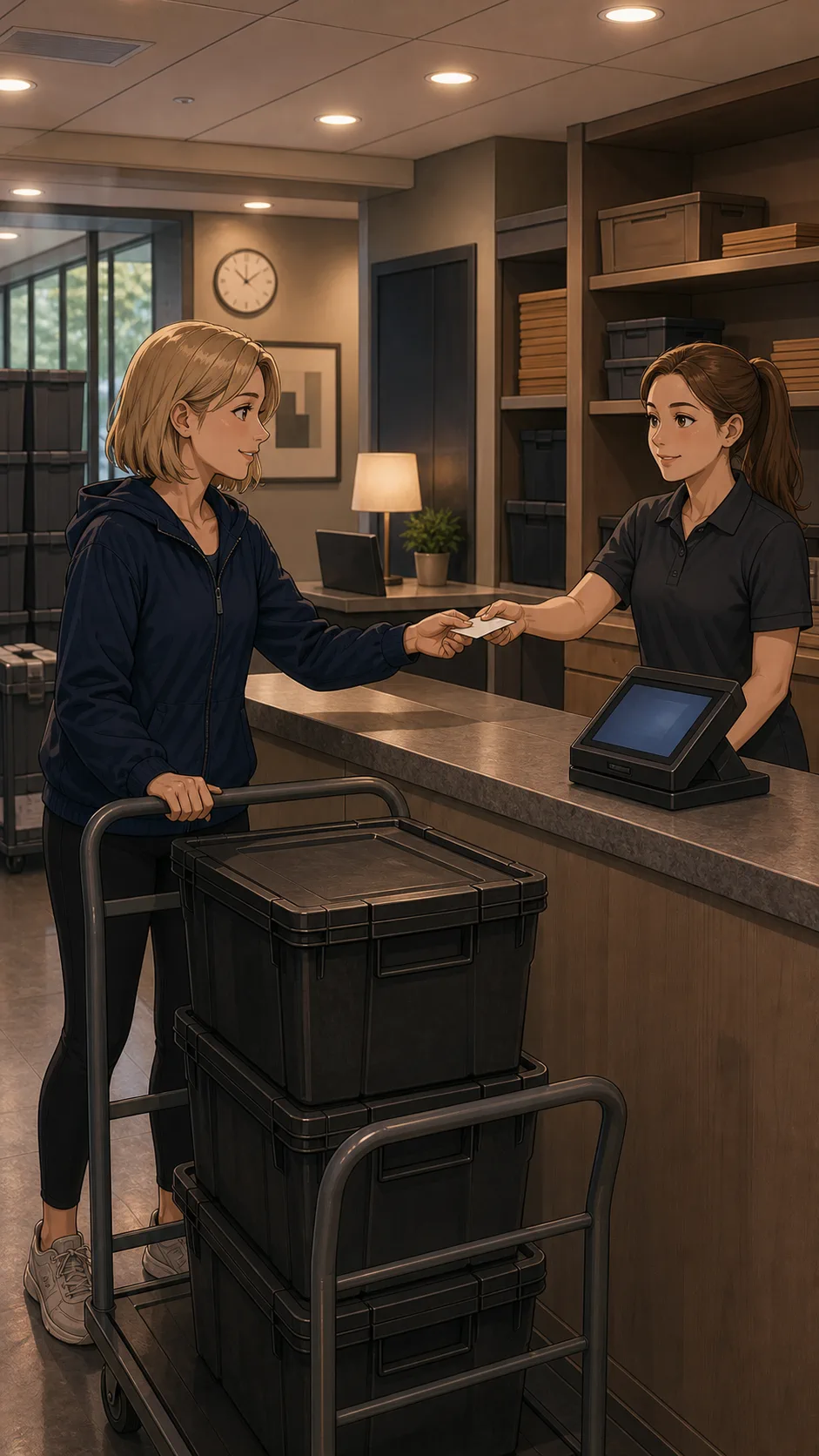 Casey returns plain moving boxes at a generic drop-off counter and receives an unreadable refund slip.