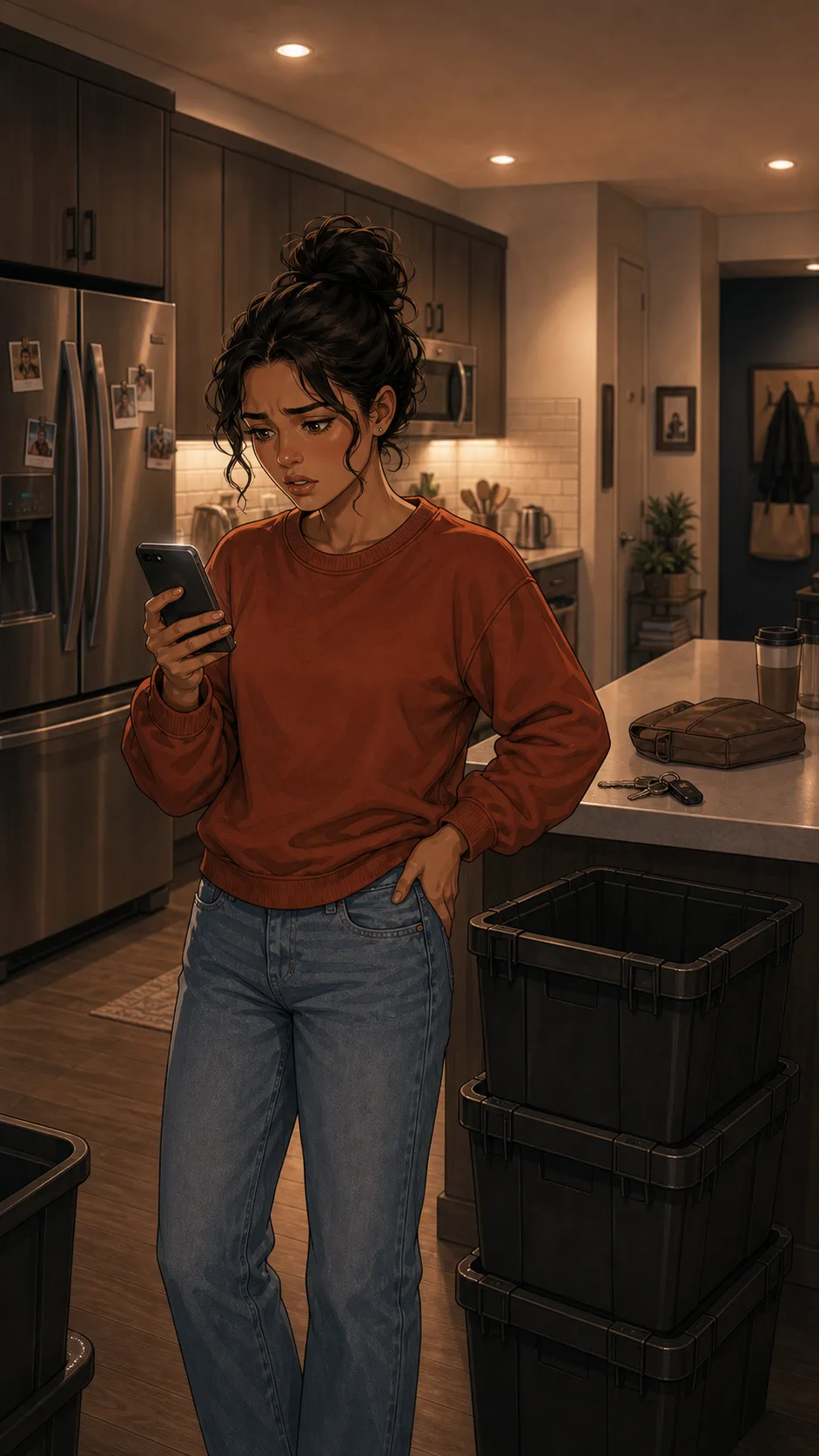 Nora checks her phone in a generic kitchen with no readable screen while empty moving boxes sit nearby.