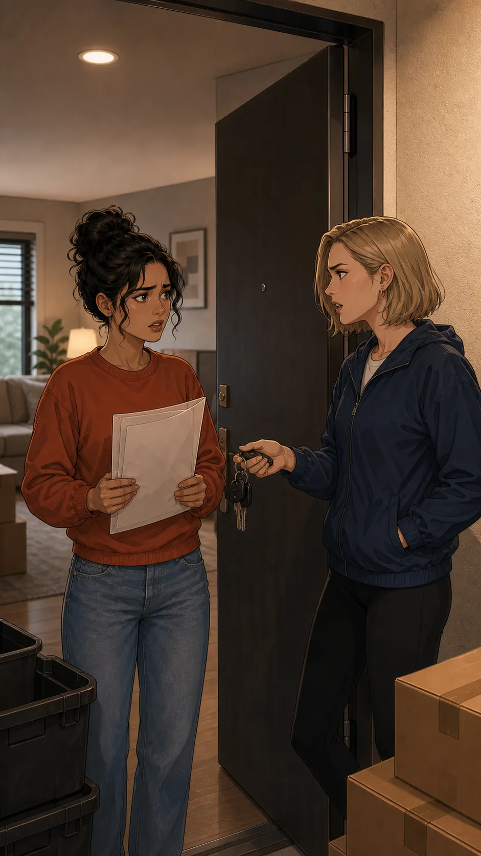 Nora and Casey discuss a moving box deposit in a generic apartment doorway with no readable papers.