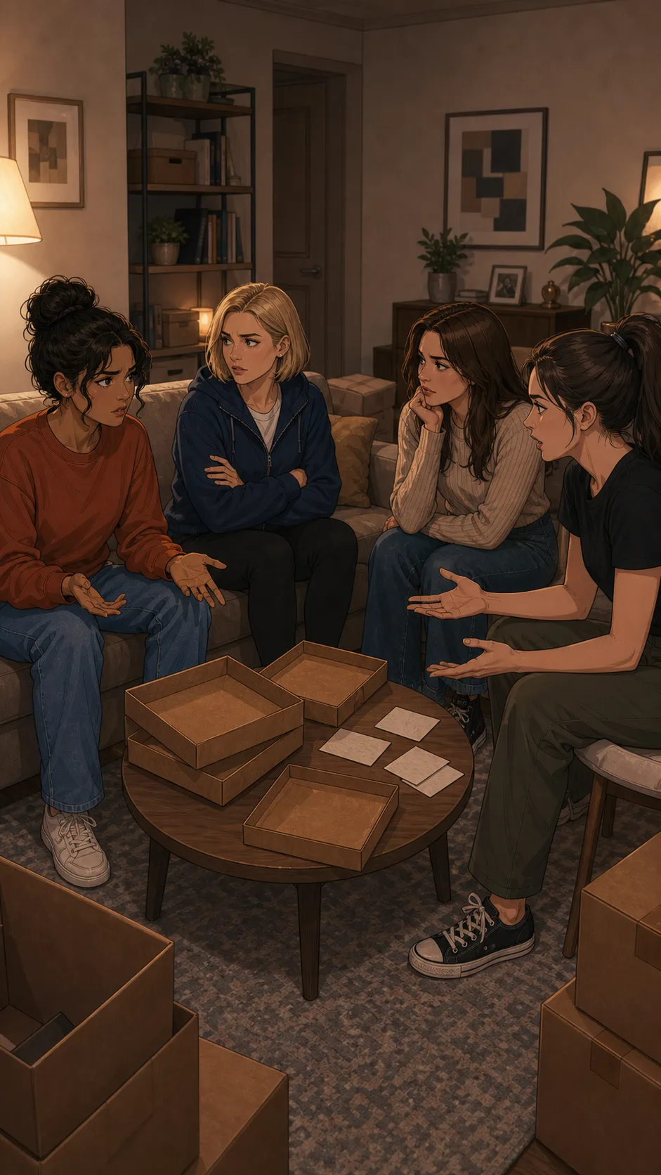 Nora, Casey, and friends discuss a moving box deposit in a generic living room with plain boxes.