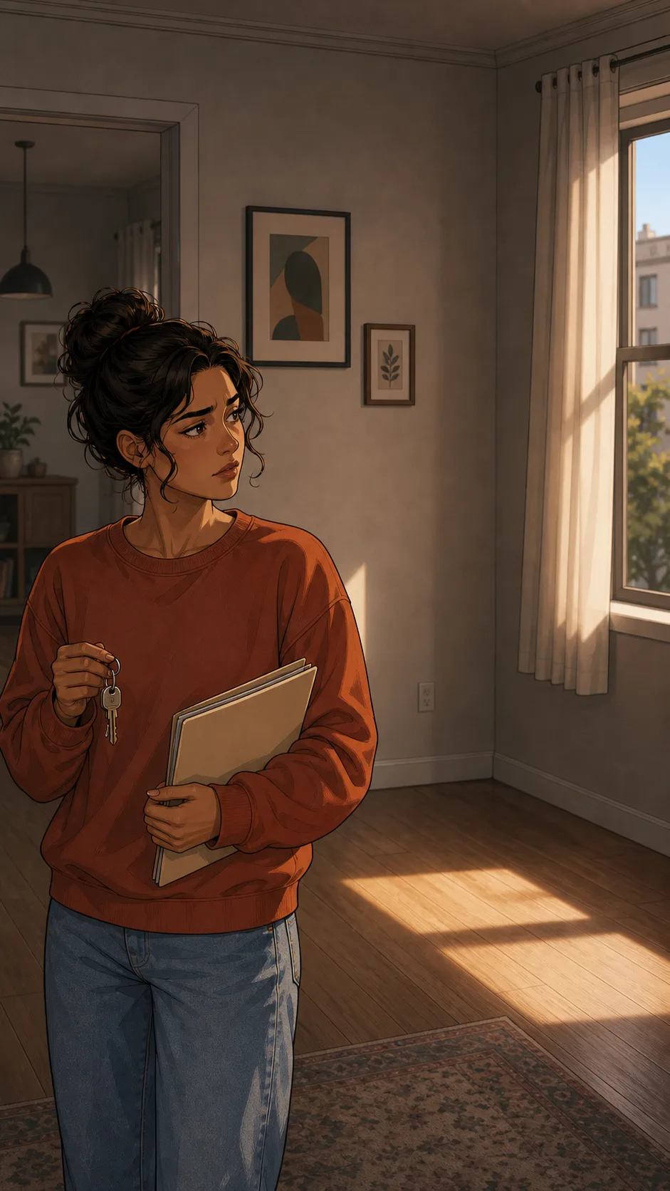 Nora stands in a quiet generic apartment corner holding keys and a blank receipt folder after moving boxes are returned.