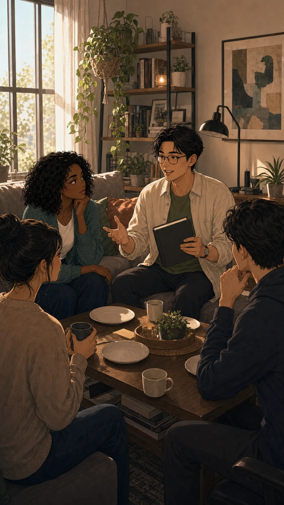 Eli pitches a brunch plan to Maya and friends in a generic apartment living room.