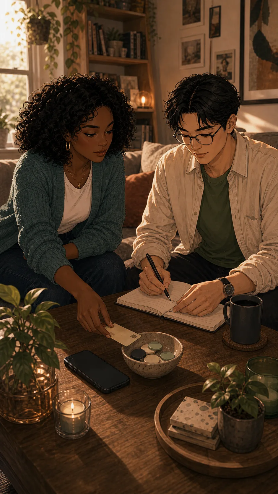 Maya contributes to a shared brunch deposit while Eli tracks the plan in a blank notebook.
