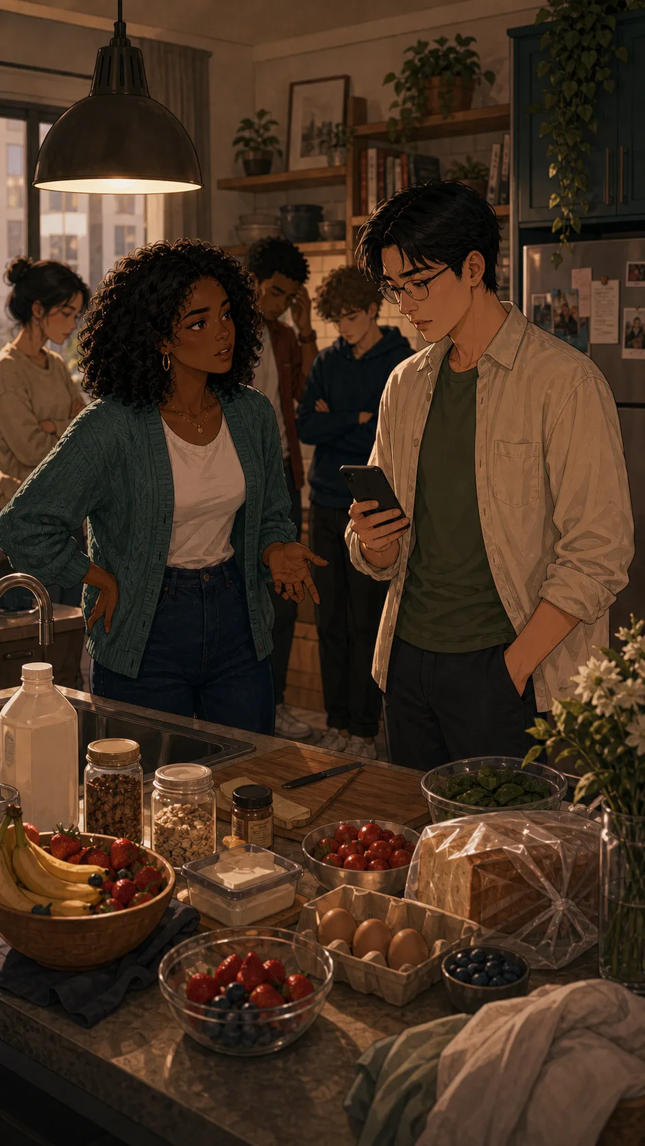 Maya and Eli stand in a generic kitchen as the brunch plan falls apart before the reservation.