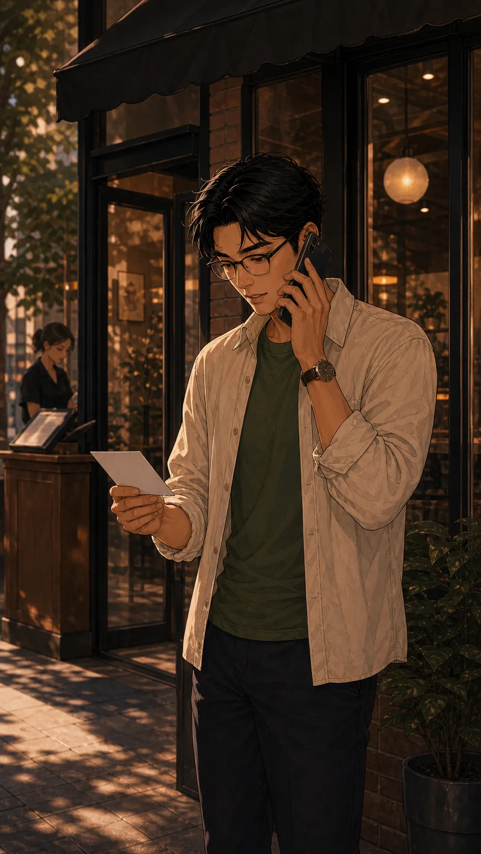 Eli cancels the brunch reservation by phone outside a generic cafe-style doorway with no signs.