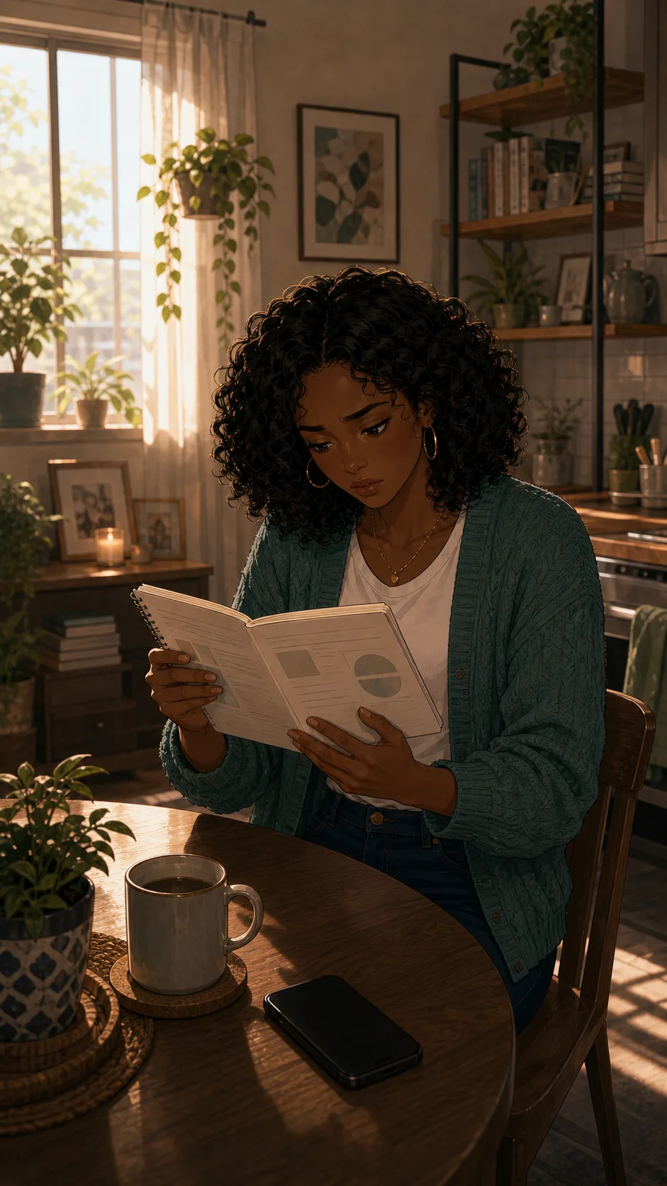 Maya sits at a generic dining table looking confused beside a face-down phone and blank notes.