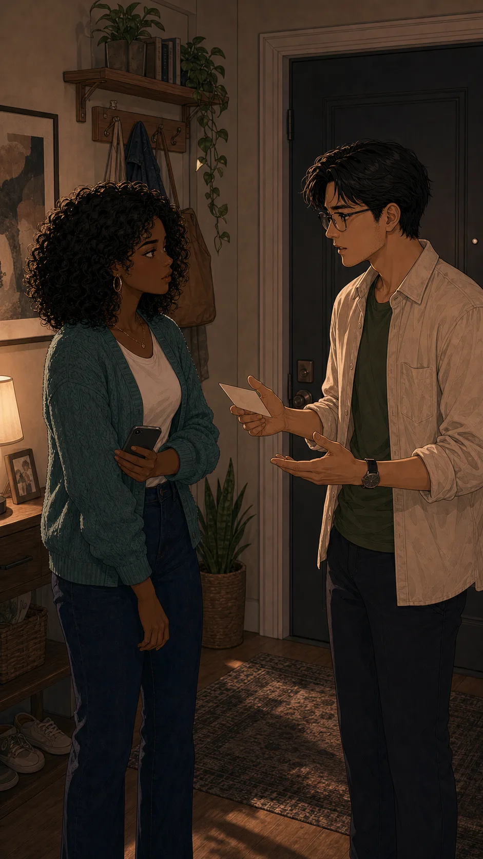 Maya and Eli have a tense conversation in a generic apartment entryway about the brunch credit.