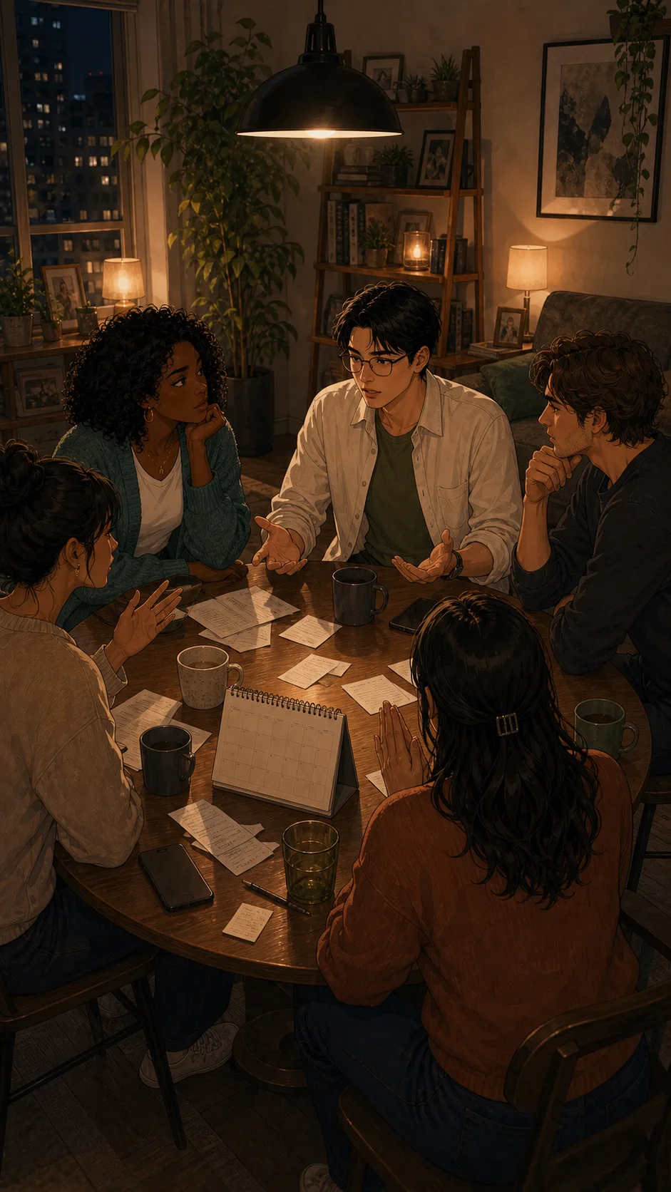 Maya, Eli, and friends discuss a canceled brunch deposit around a generic dining table.