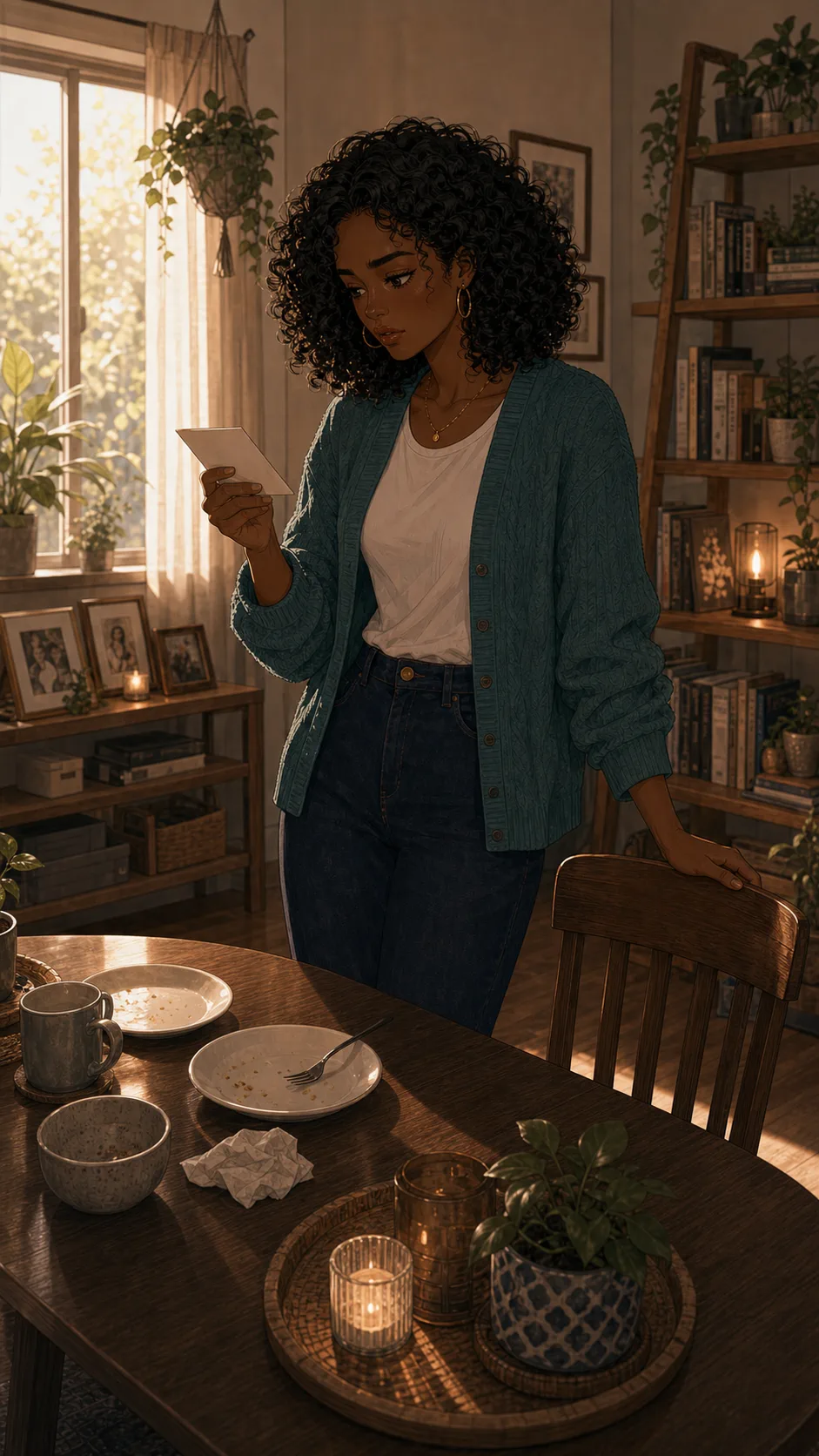 Maya stands beside an empty generic brunch table setup after the group plan is canceled.