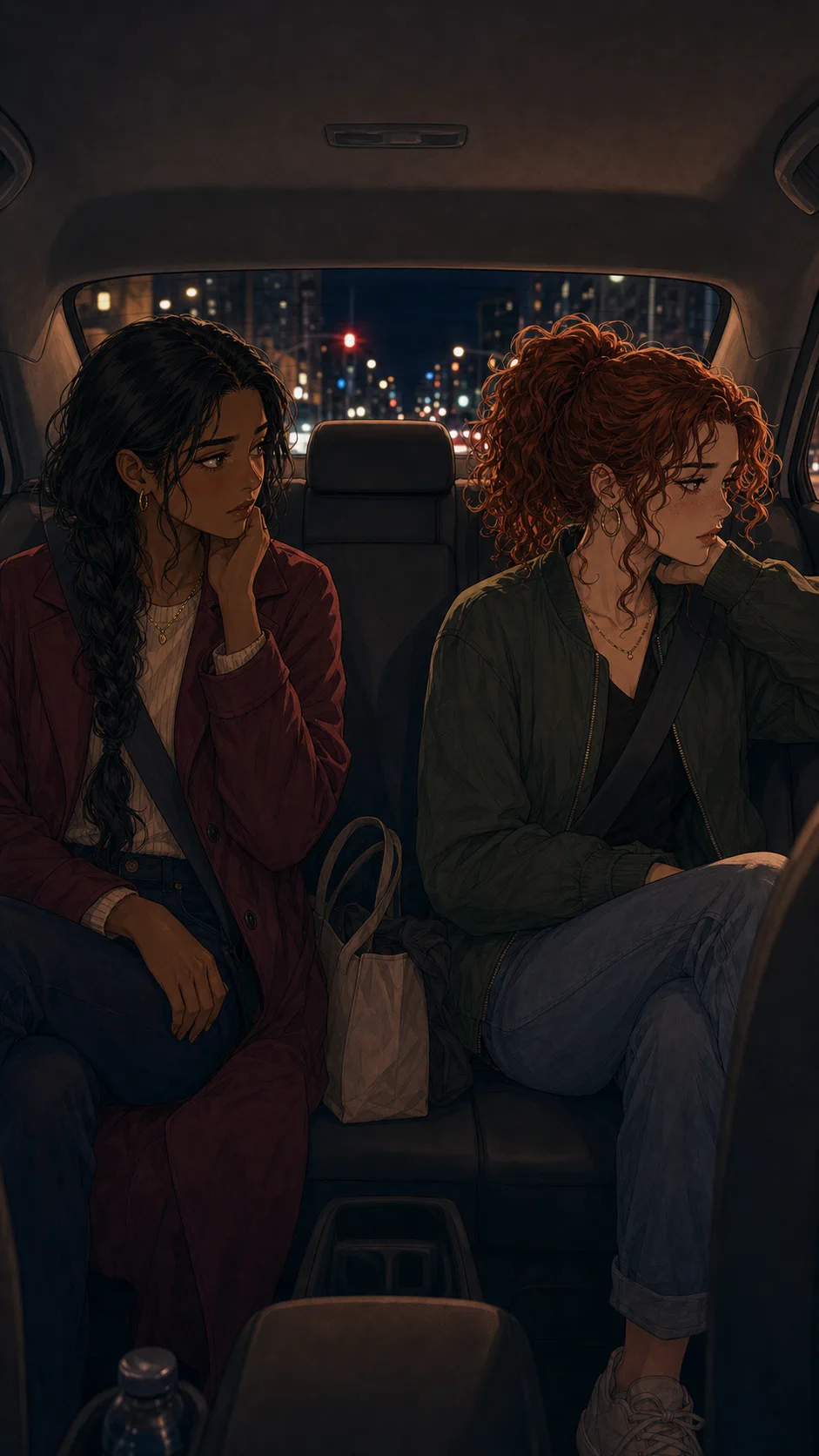 Ivy and Paige ride home together in a generic car at night.