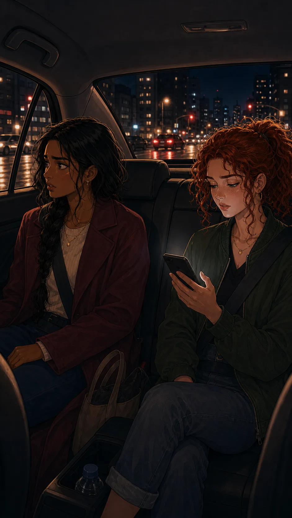 Ivy looks confused as the car takes a long route through generic streets.