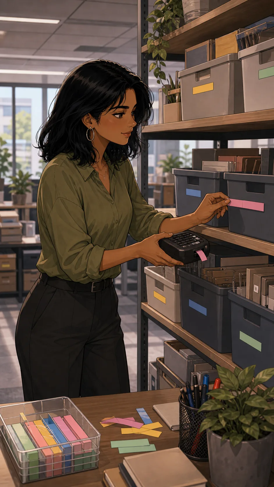Priya organizes office bins with her personal label maker.