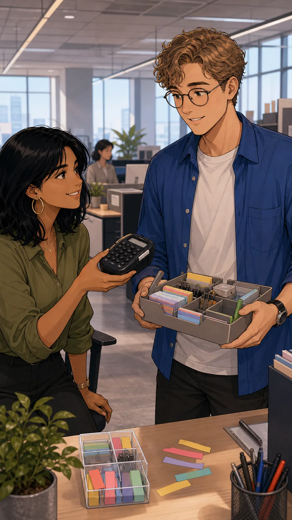 Owen borrows Priya's label maker for one office drawer.
