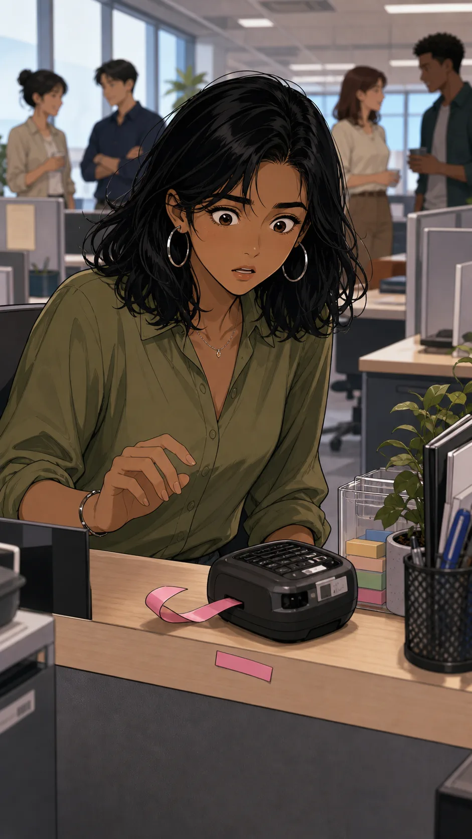 Priya finds a blank colorful label strip on her desk.