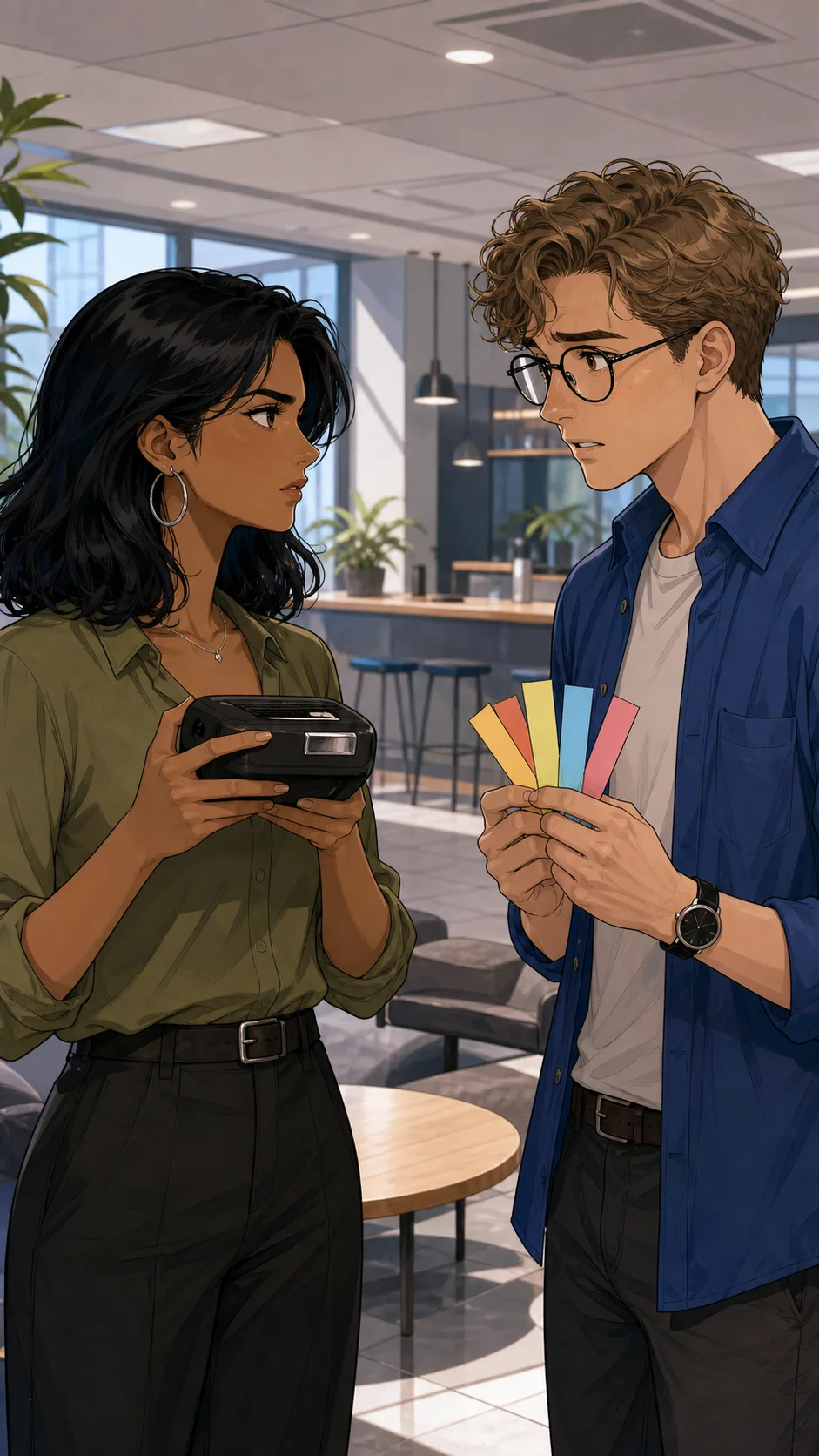 Priya and Owen discuss the label maker in an office break area.
