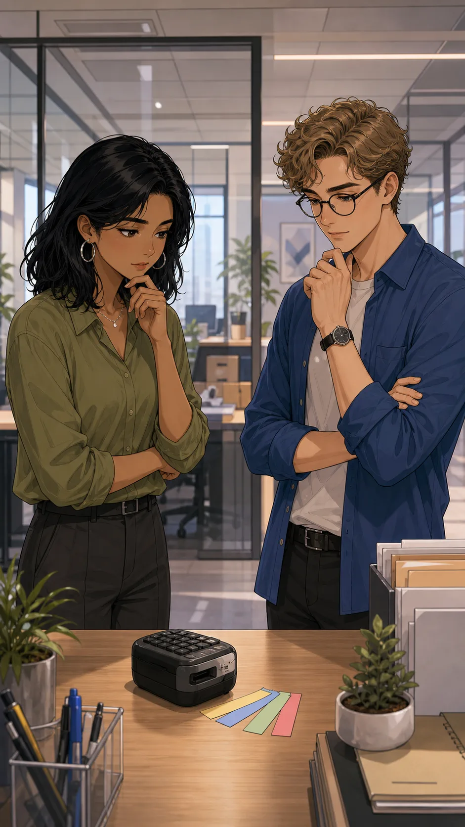 Priya and Owen stand thoughtfully beside a label maker.