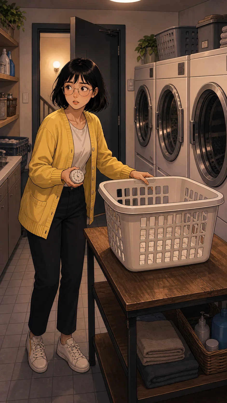 Tessa leaves an empty laundry basket on a folding table.