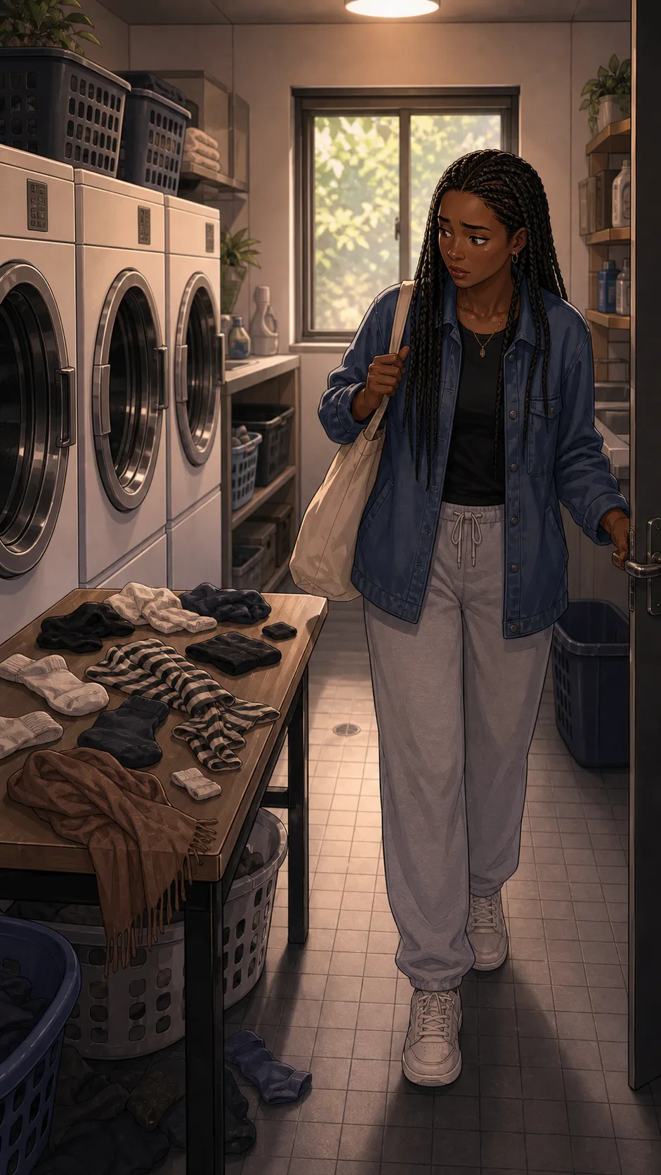 Nia sees stray laundry scattered on a folding table.