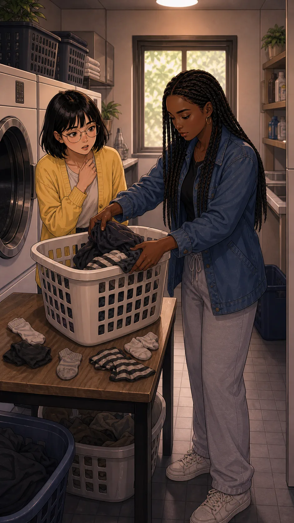 Nia places stray laundry into Tessa's empty basket.