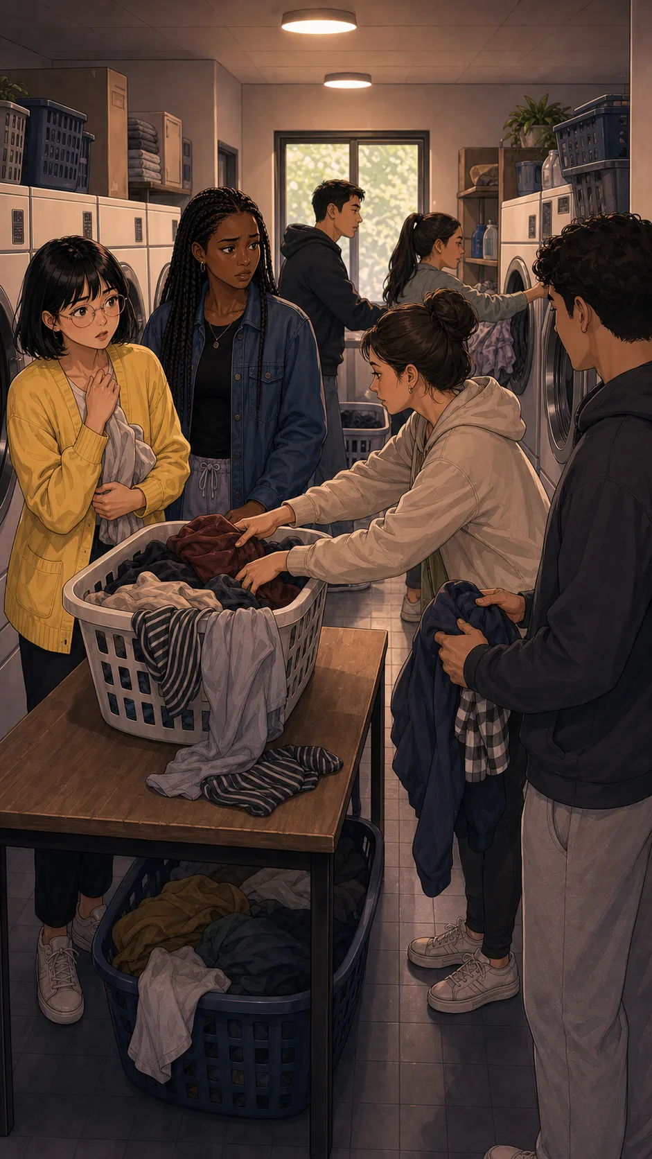 Residents add more clothes to the basket in the laundry room.