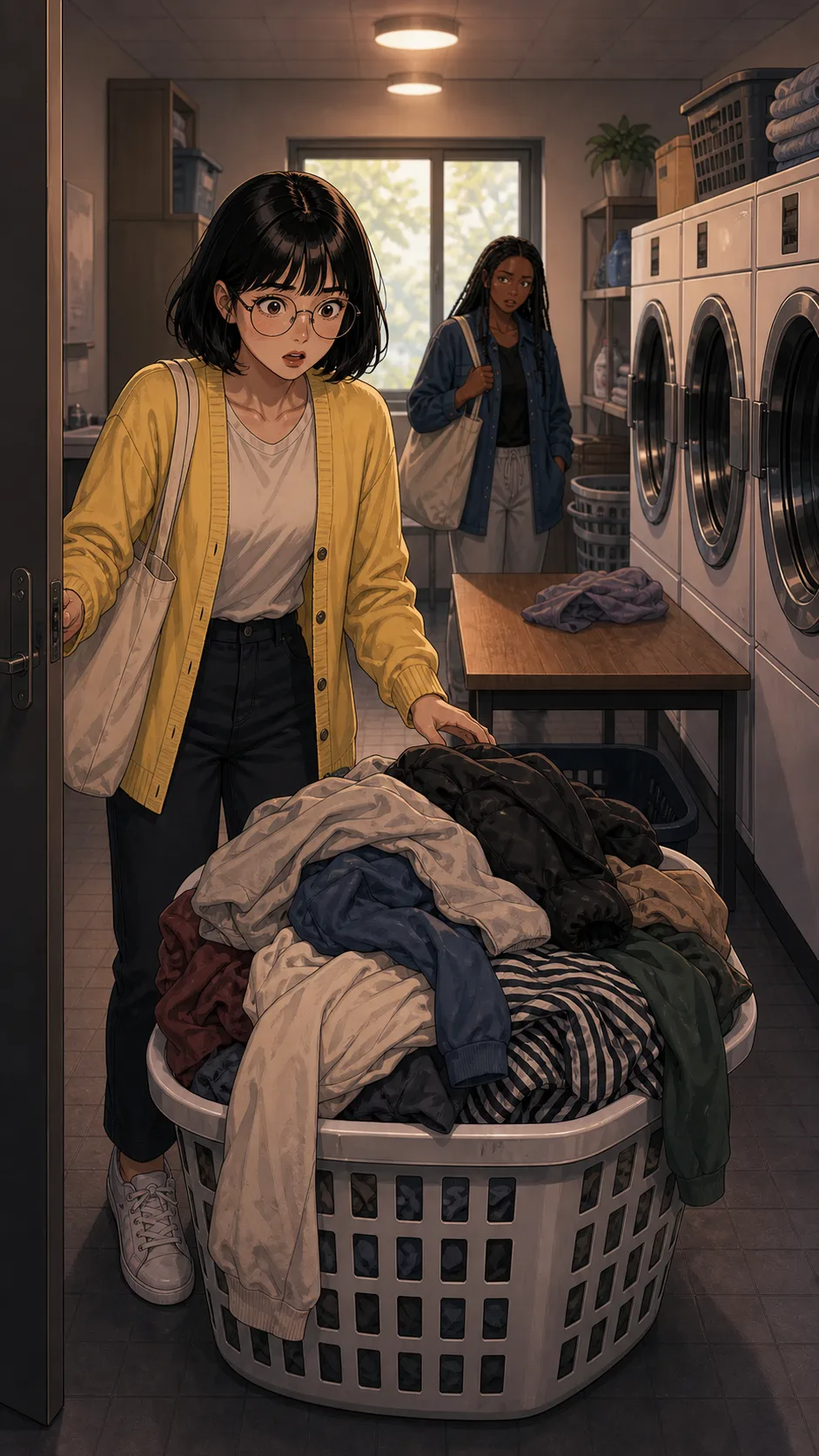 Tessa looks shocked at her laundry basket full of strangers' clothes.