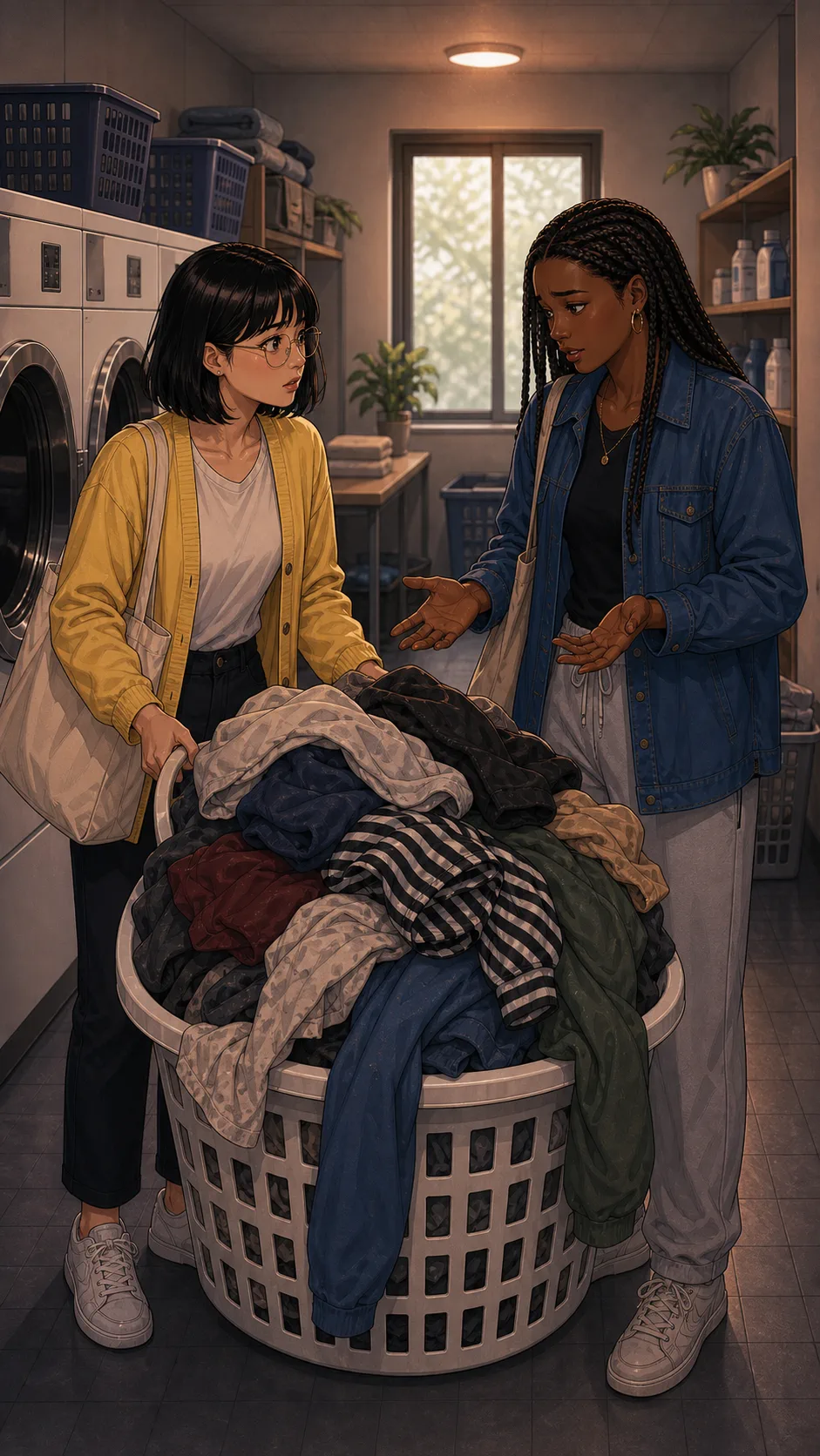 Nia explains while Tessa holds the basket handle.