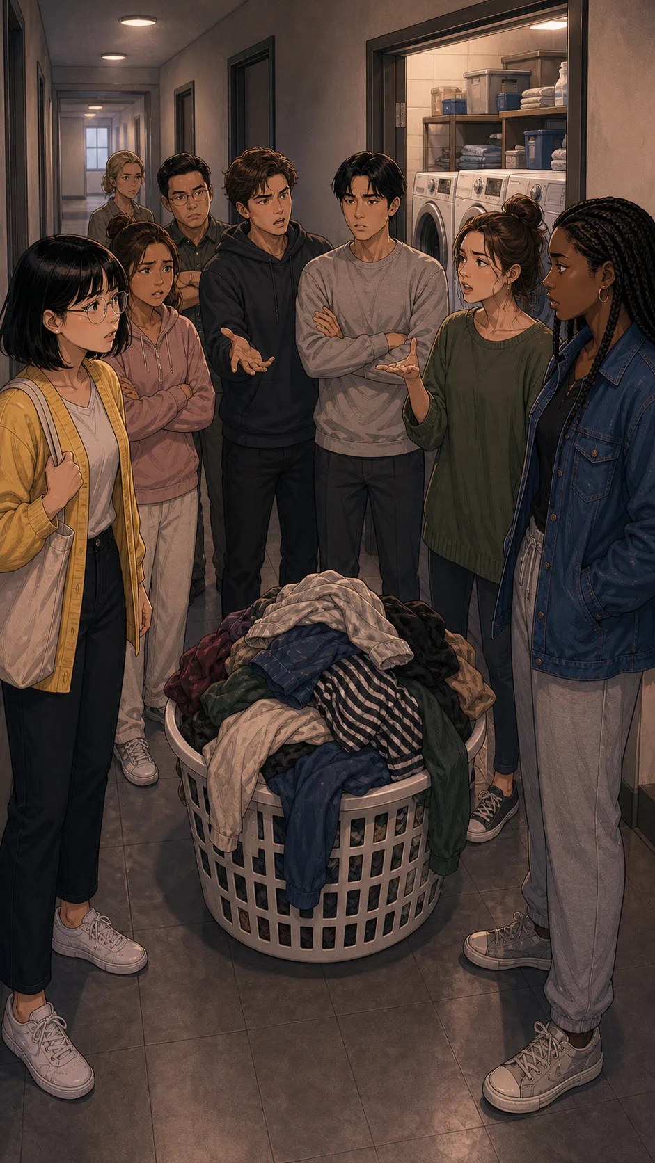 Neighbors debate in a hallway outside the laundry room.