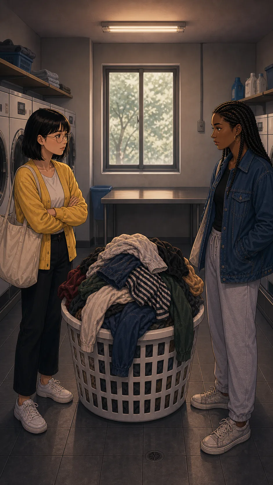 Tessa and Nia stand over the laundry basket in the laundry room.