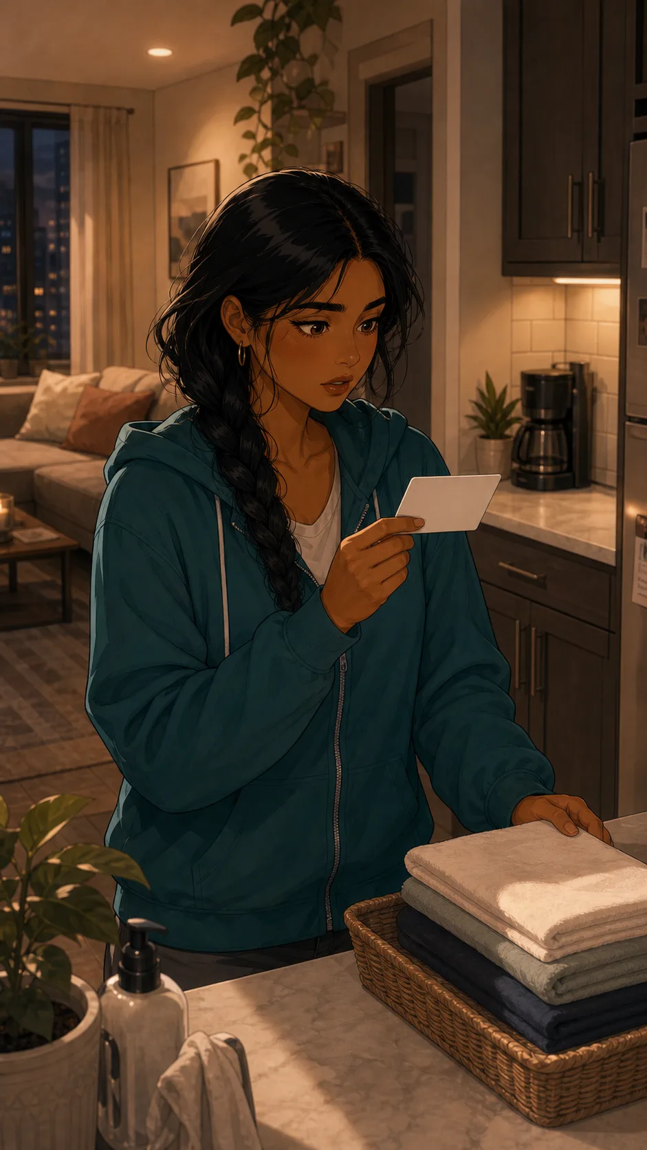 Talia holds her prepaid laundry card before laundry day.