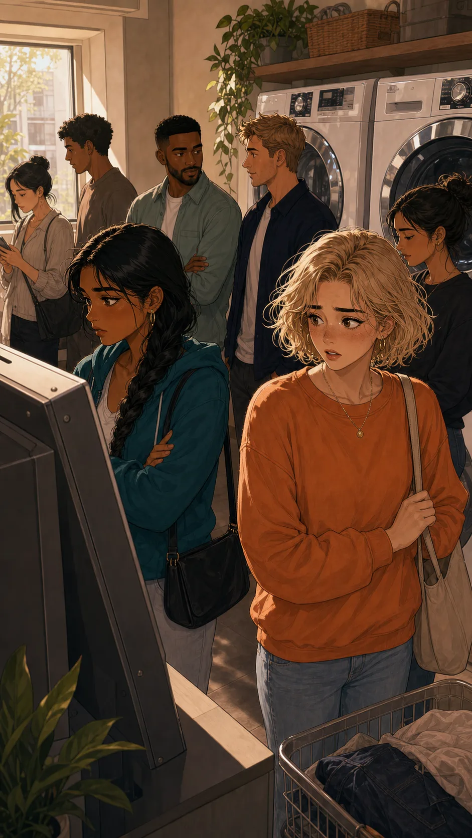 Neighbors wait in a laundry room after the payment kiosk stops working.