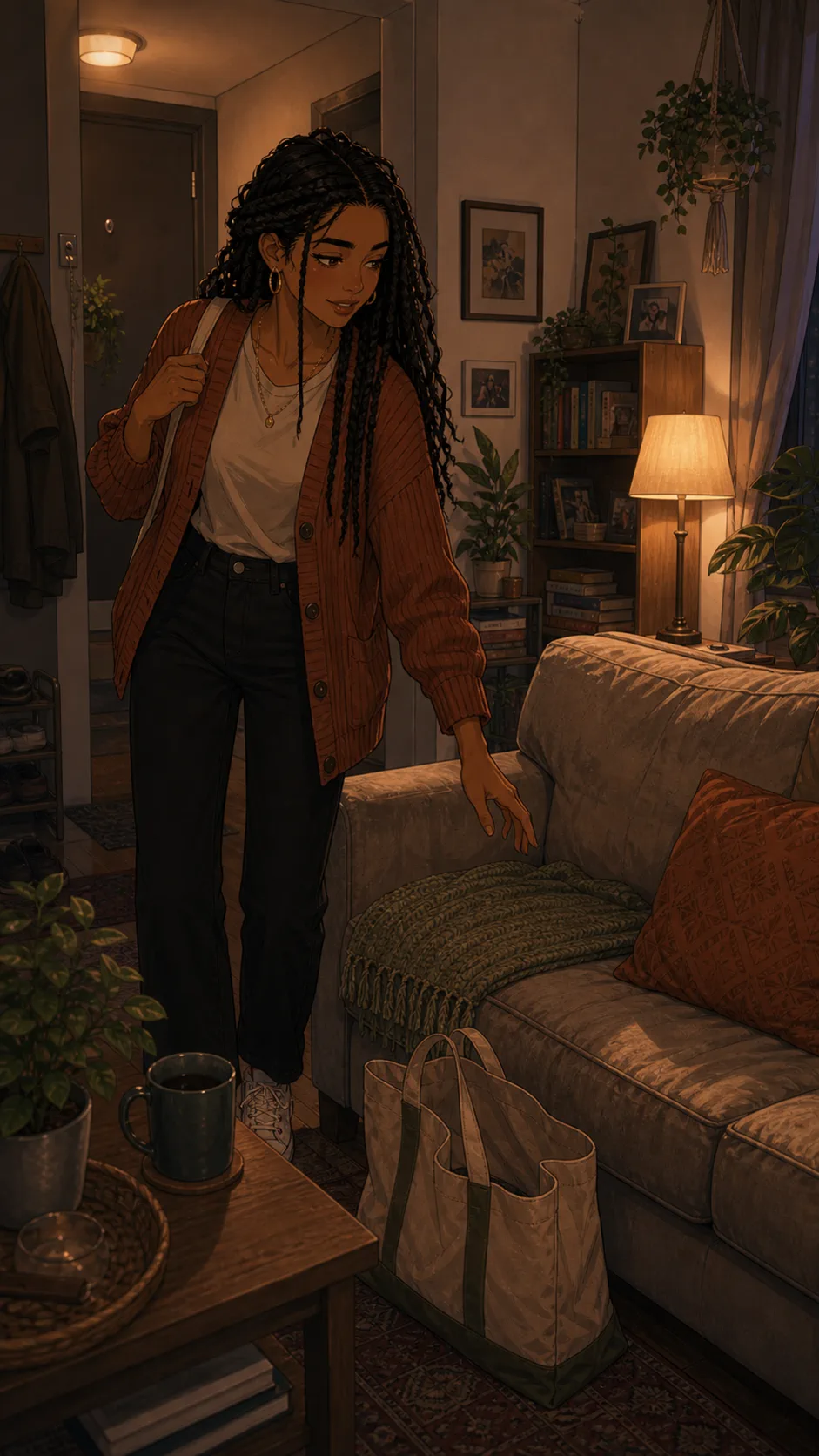 Lena comes home to a cozy shared living room couch.