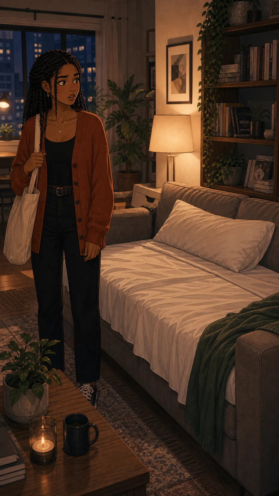 Lena notices fresh sheets and a pillow arranged on the couch.