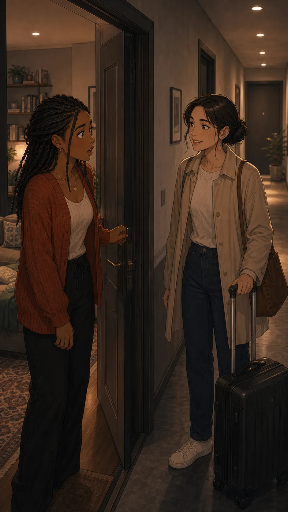 A stranger with a suitcase arrives at Lena's apartment door.