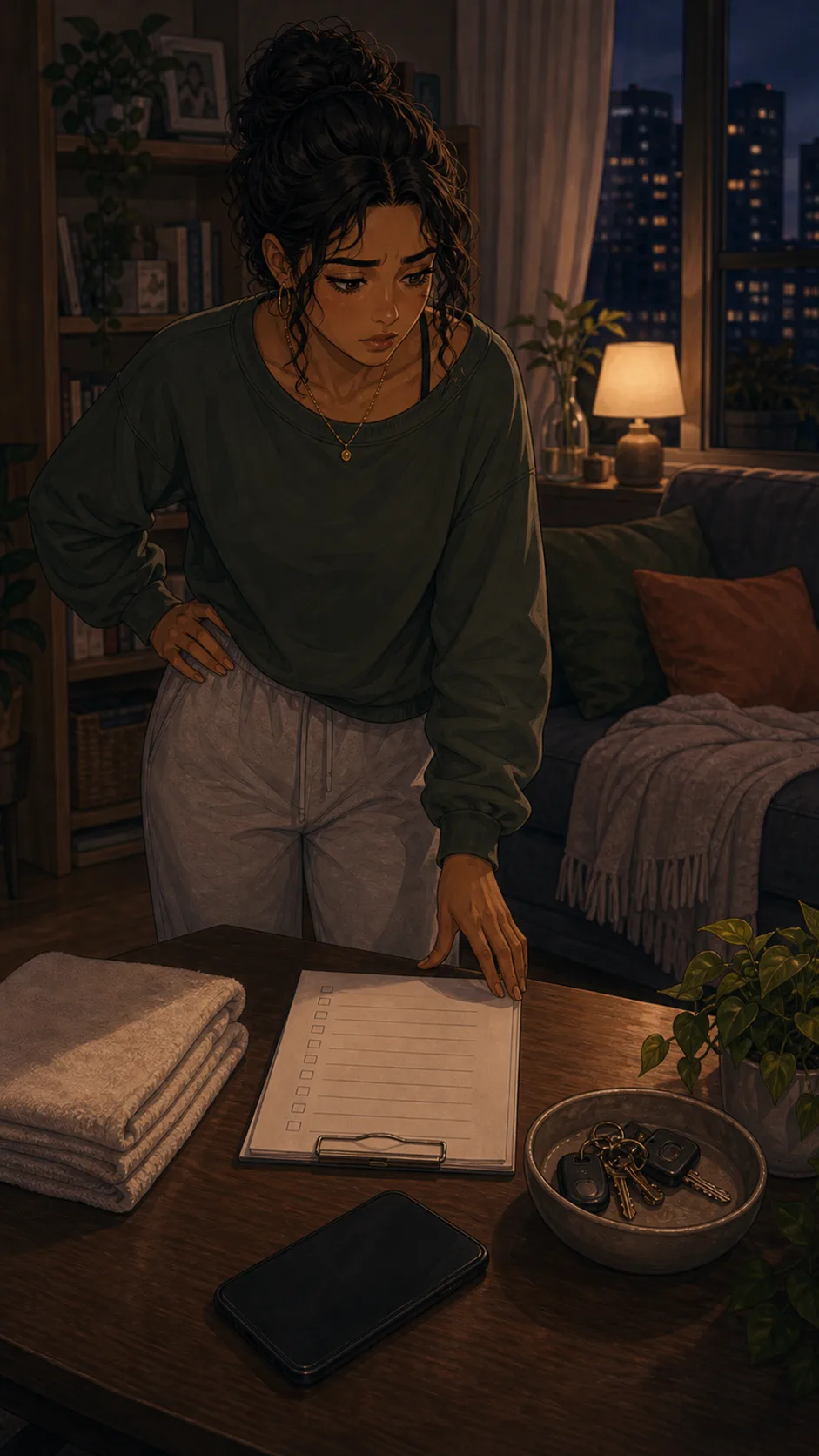 A blank guest setup sits on the coffee table beside a key bowl.