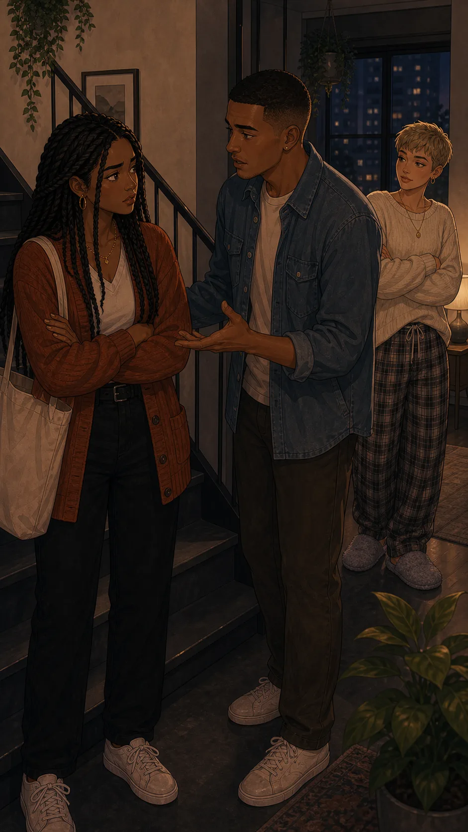 Devin talks quietly with Lena in the apartment stairwell.