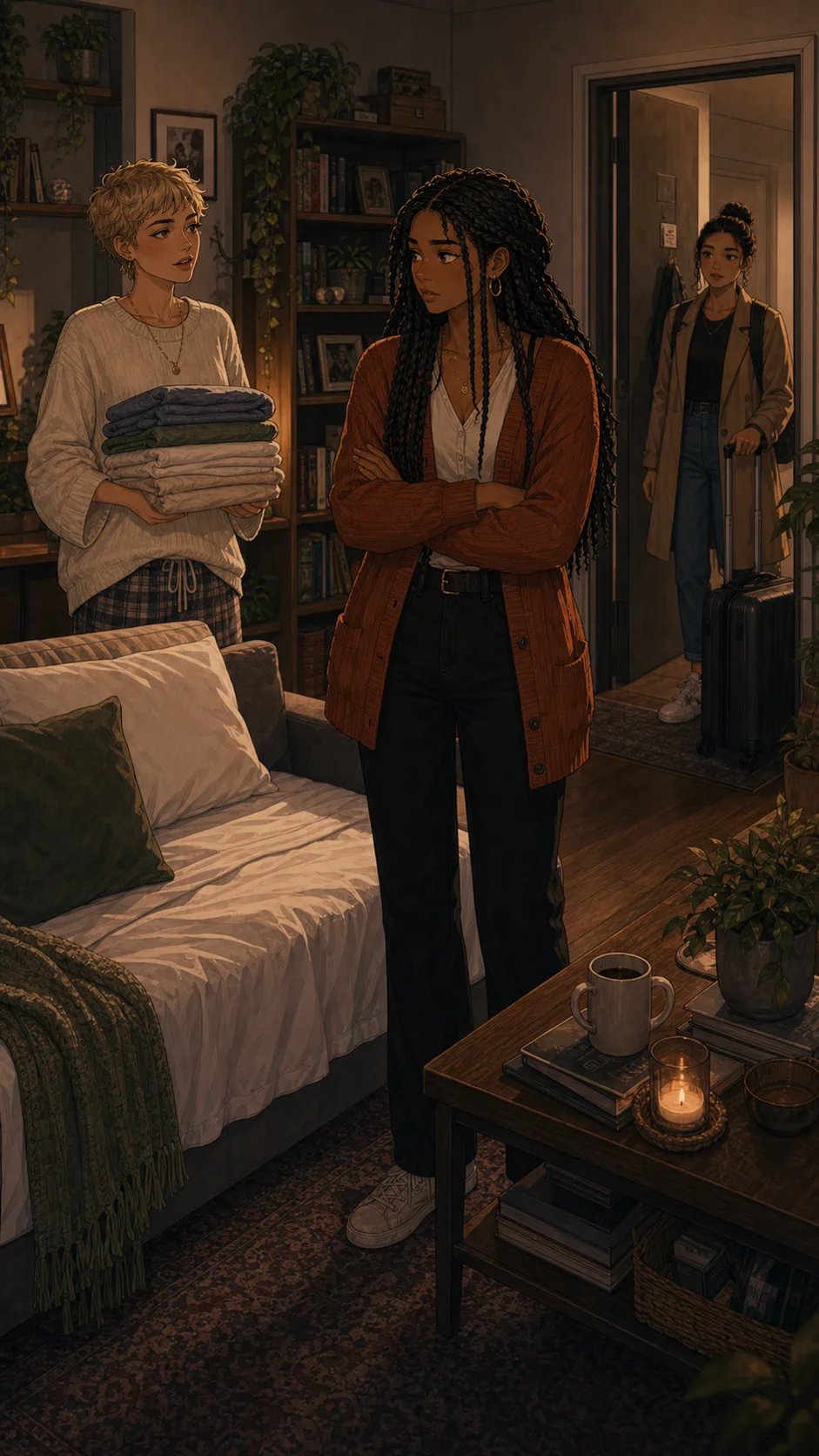 Lena stands between Sloane, the waiting guest, and the made-up couch.