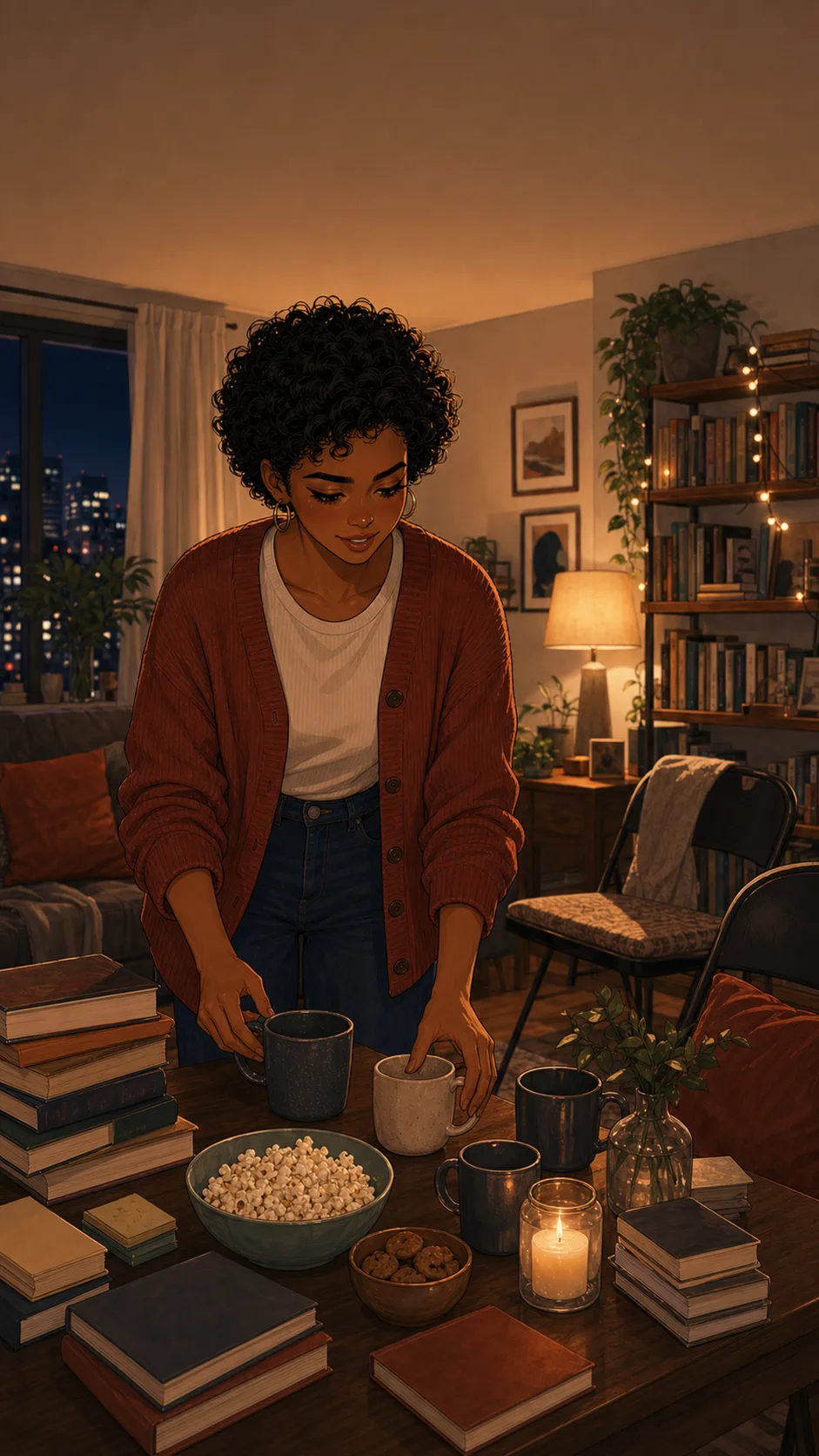 A fictional young woman arranges snacks and books in a cozy apartment living room before book club.