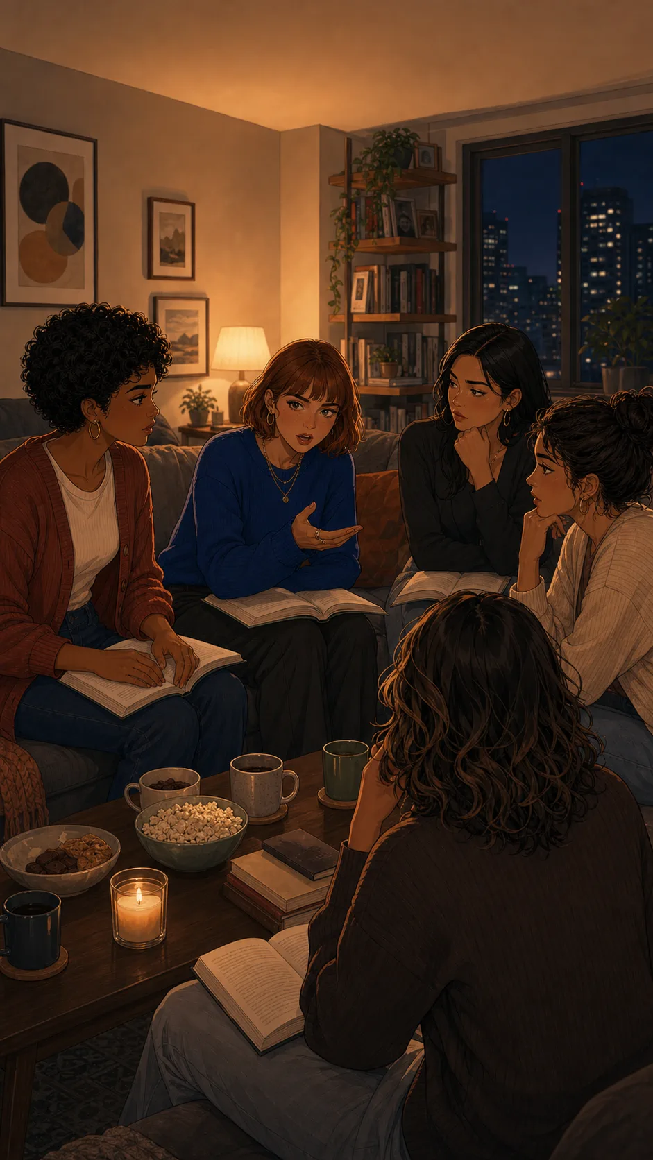A fictional friend group sits in a book club circle as a discussion becomes tense.