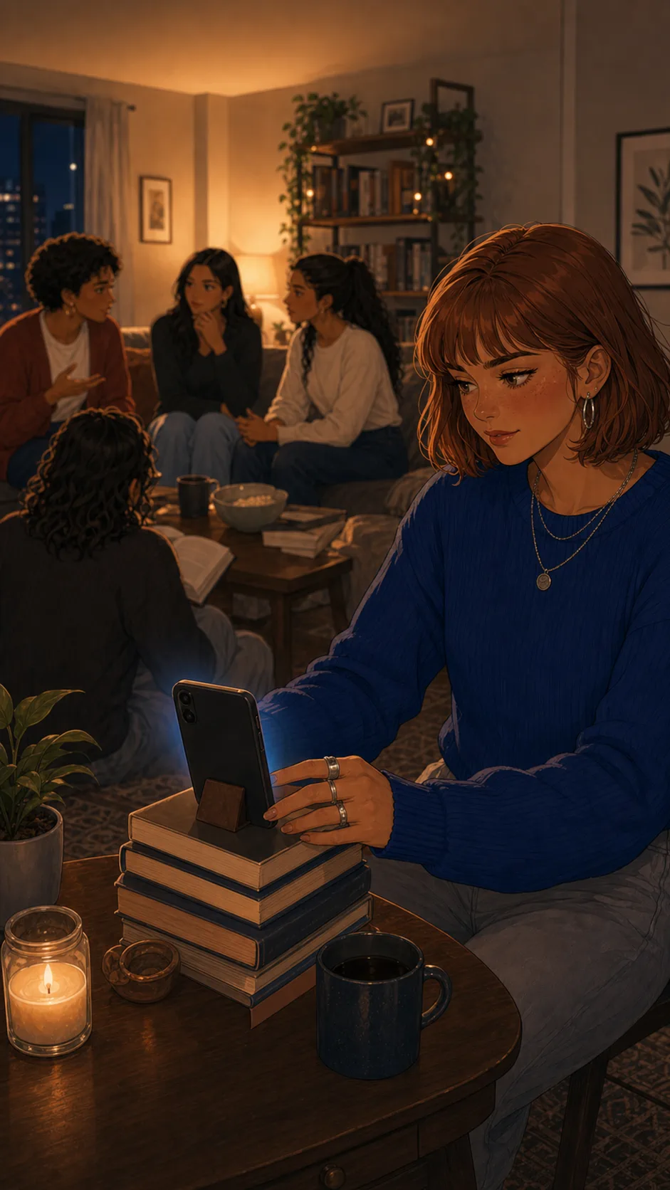 A fictional woman quietly props her phone against a stack of books during a private gathering.