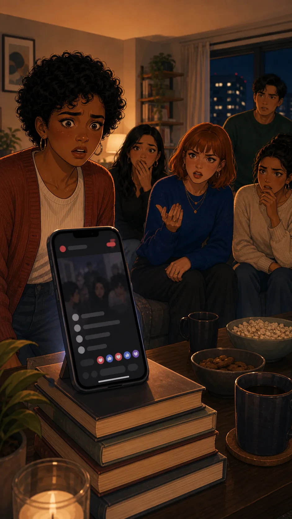 A fictional host notices a phone livestreaming from a stack of books during a tense discussion.