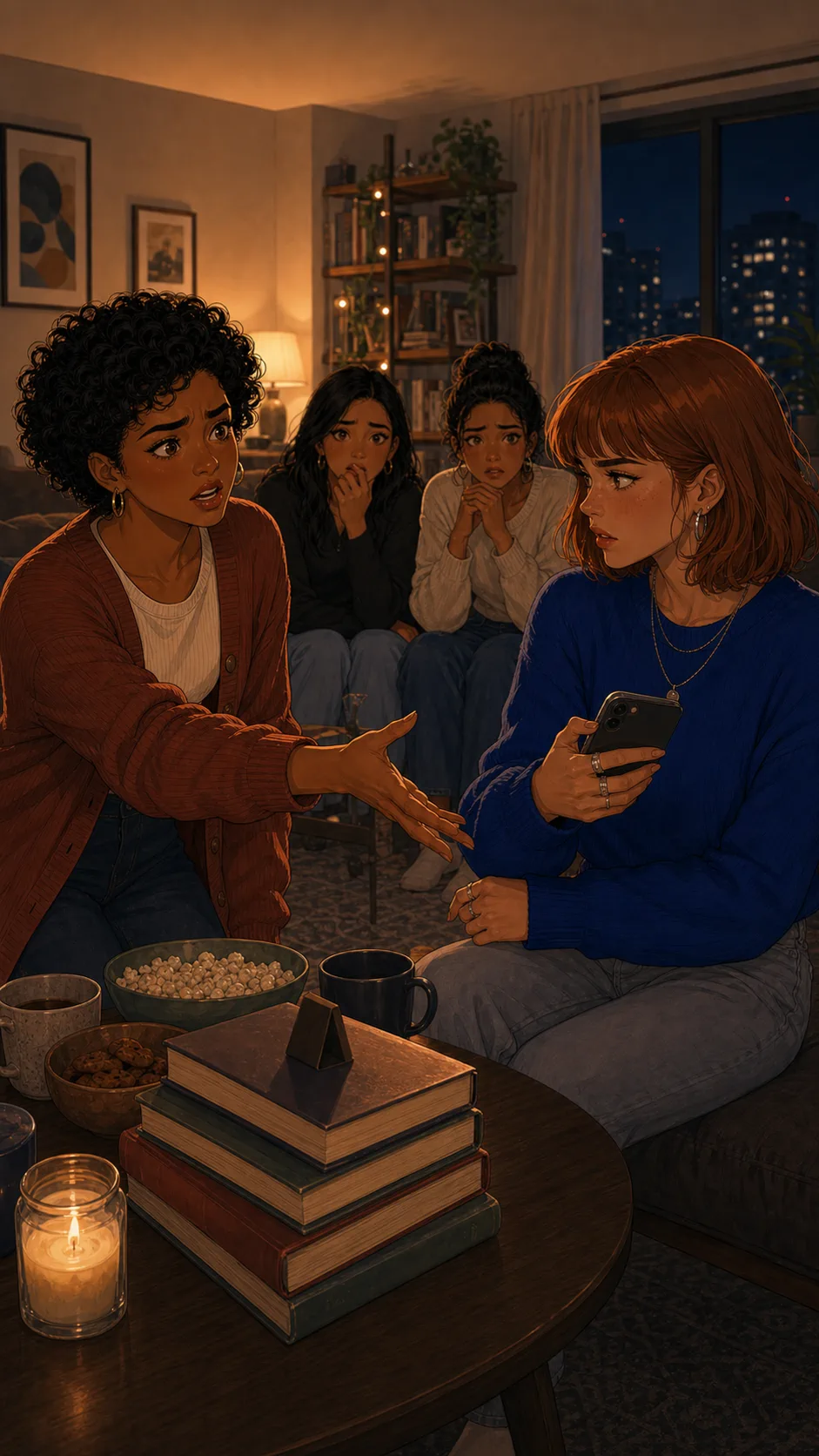 A fictional host reaches for a phone while a friend hesitates during an uncomfortable book club moment.