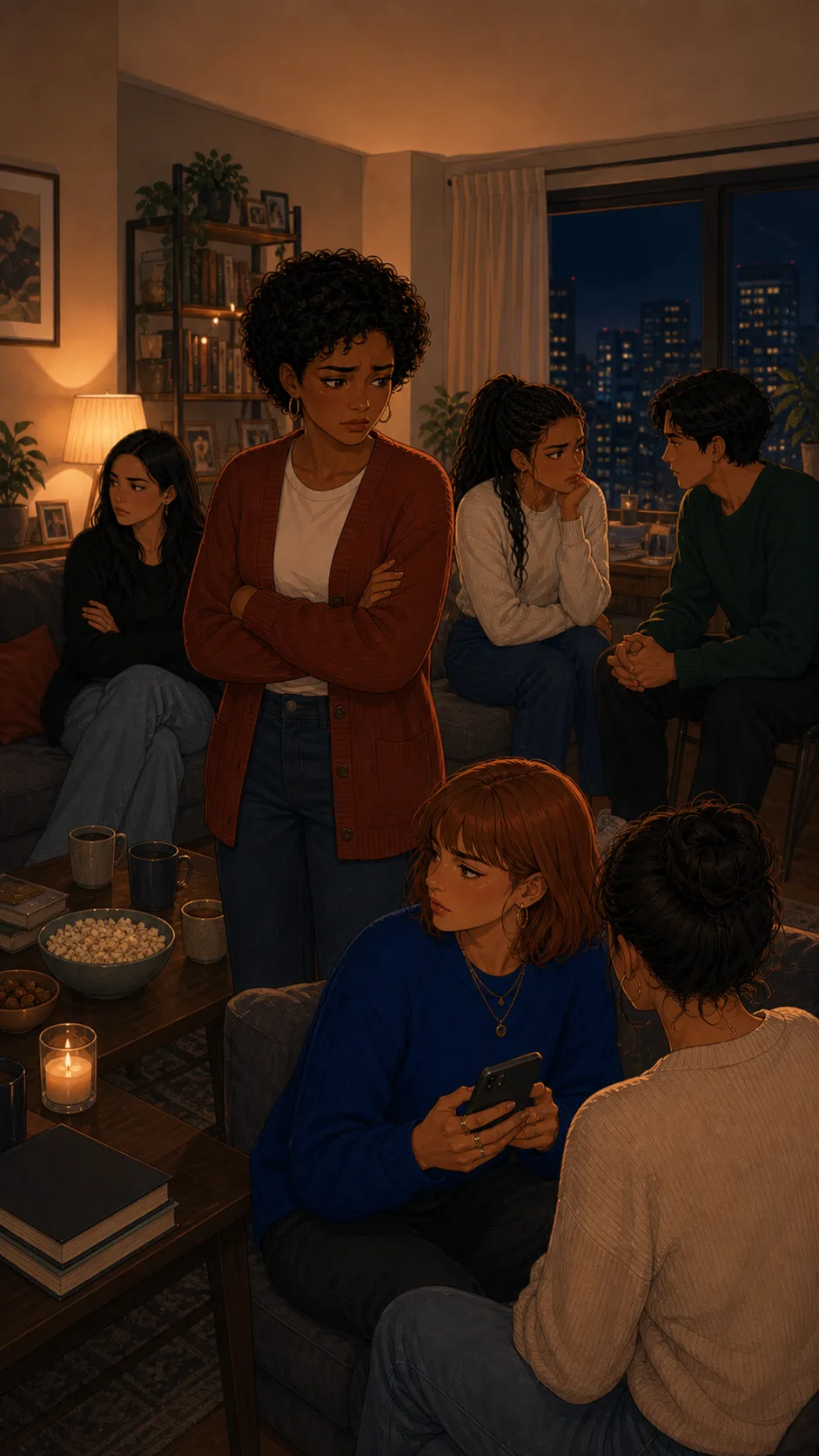 A fictional book club group sits in tense clusters after realizing their discussion was livestreamed.