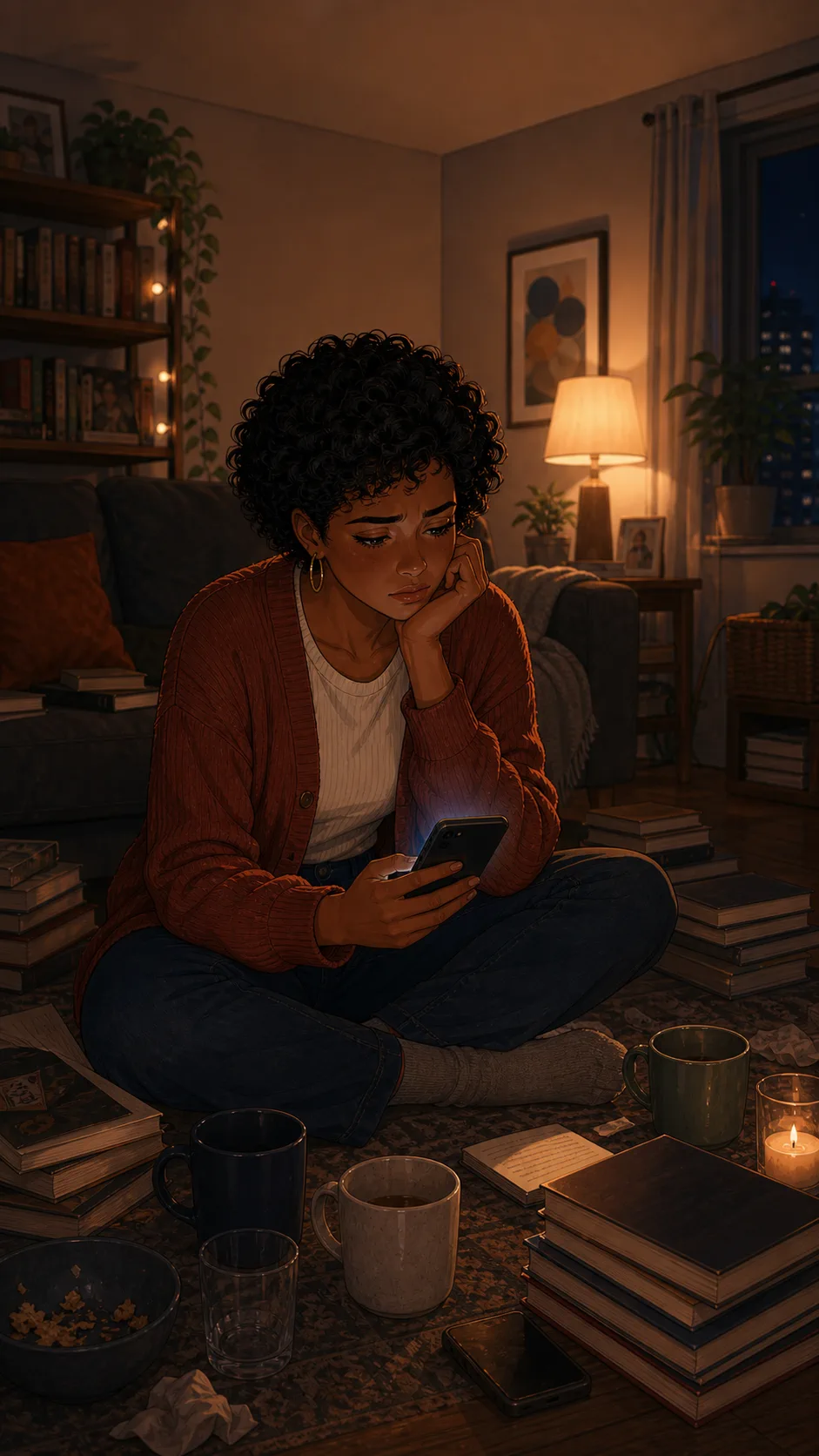 A fictional young woman sits alone among books and mugs after an uncomfortable book club night.