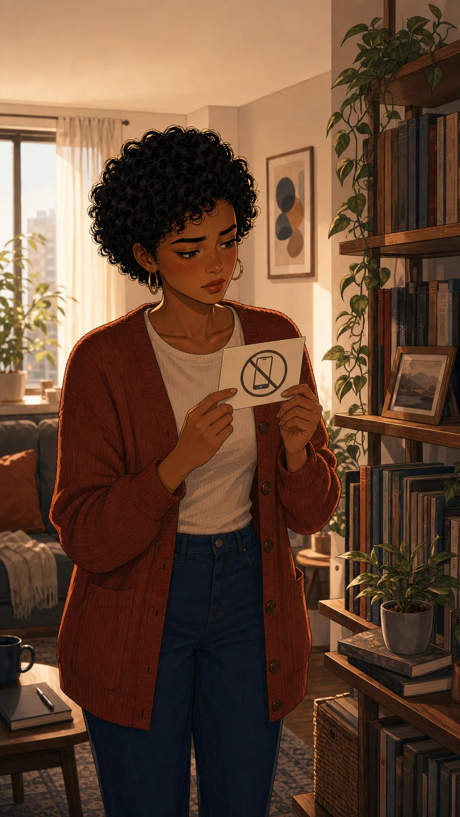 A fictional book club host holds a small no-phones note near a bookshelf the next morning.