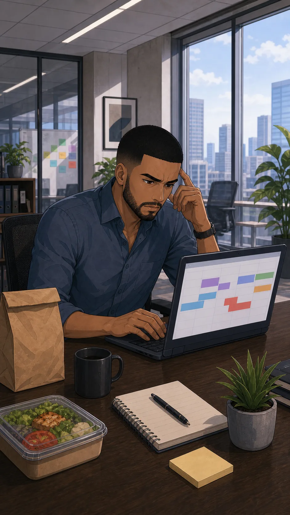 Jules looks tired at a generic office desk with an abstract calendar on a laptop.