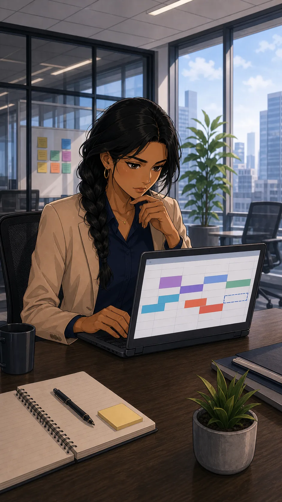 Priya studies abstract calendar blocks at a generic office desk.