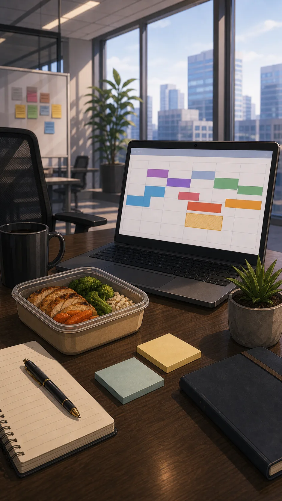 A generic office desk shows an abstract calendar, lunch container, coffee mug, and blank sticky notes.
