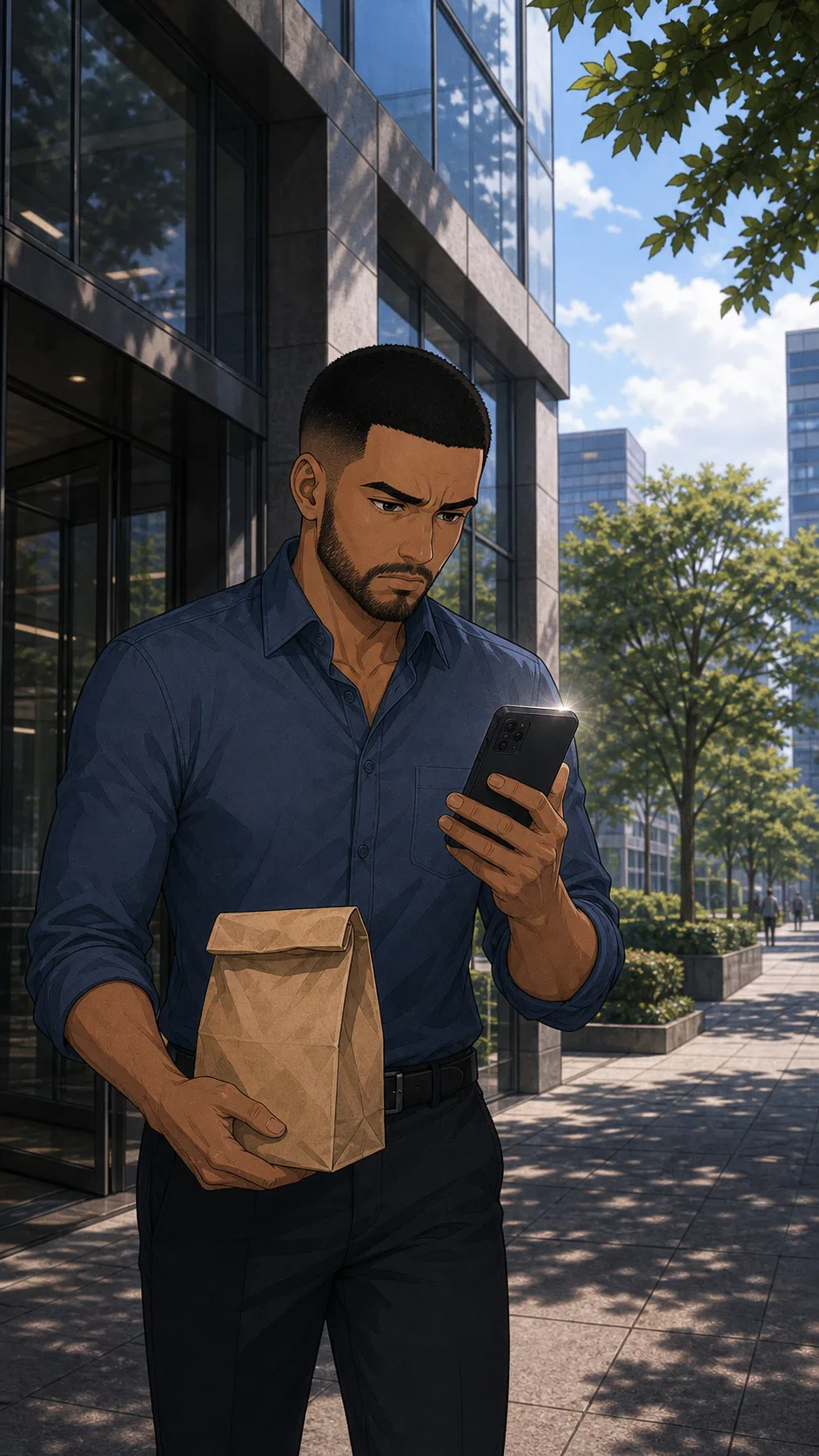 Jules stands outside a generic office building holding lunch and a phone with no visible screen text.