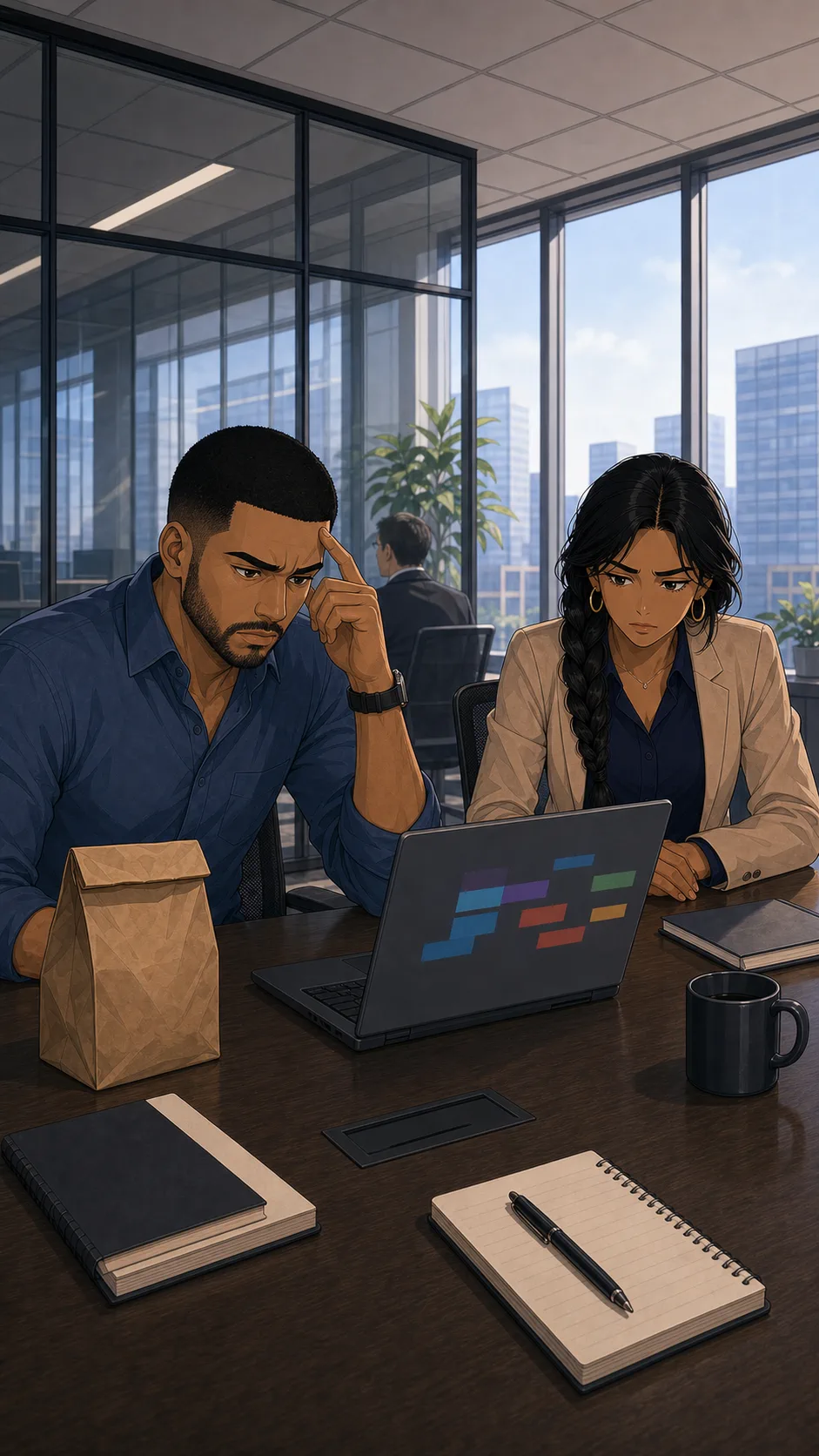 Jules sits in a generic meeting room with an untouched lunch bag during a vendor call.