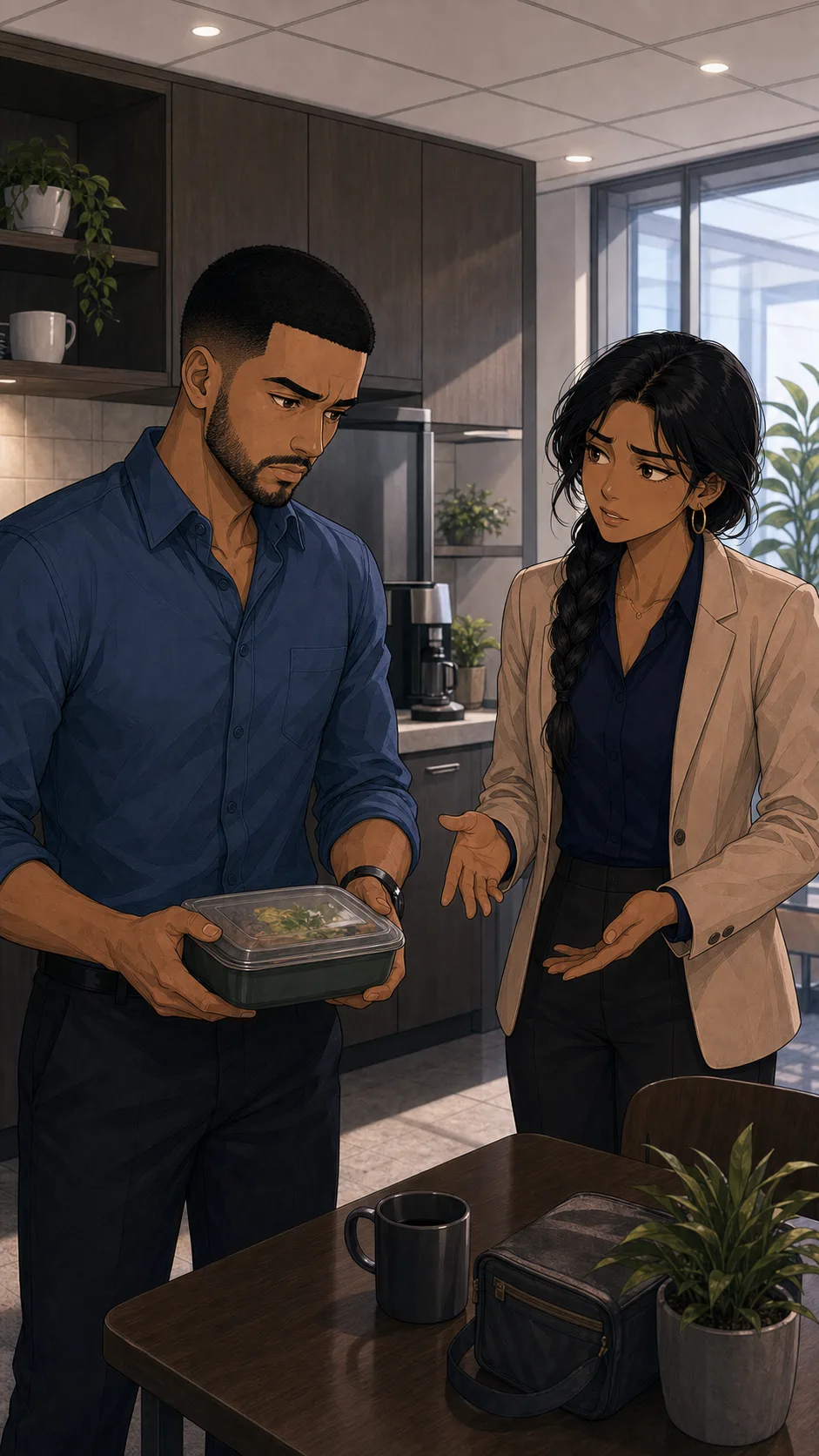 Jules and Priya talk in a generic office kitchen while Jules holds a cold lunch container.